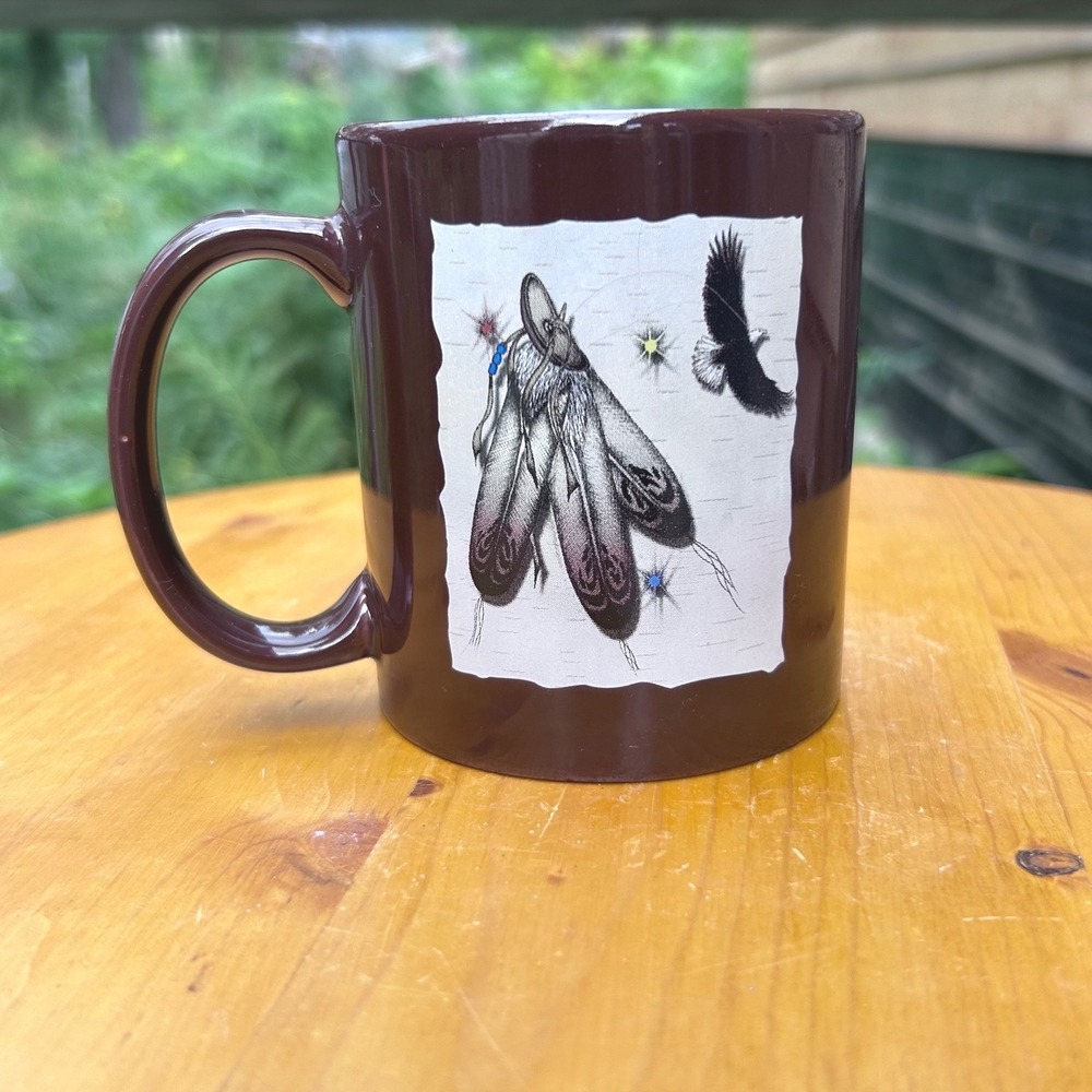 Vintage Indigenous Art Mug Brown Ceramic Eagle Feathers First Nations Gift MCM